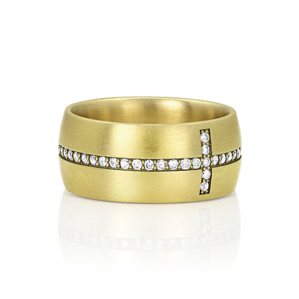 diamond eternity cross cigar band ring, in white diamonds and 18k yellow gold <span class='visuallyhidden'>Call, text 323-404-2959 for shopping help.</span>