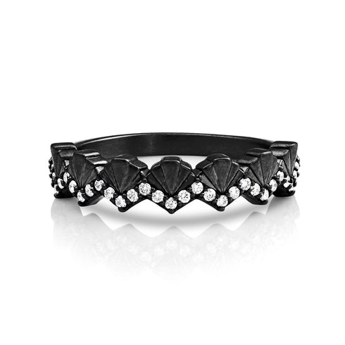 Art deco fan stacking ring with white diamonds, in black gold <span class='visuallyhidden'>Call, text 323-404-2959 for shopping help.</span>