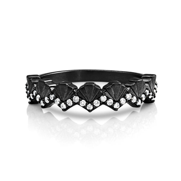 Art deco fan stacking ring with white diamonds, in black gold <span class='visuallyhidden'>Call, text 323-404-2959 for shopping help.</span>