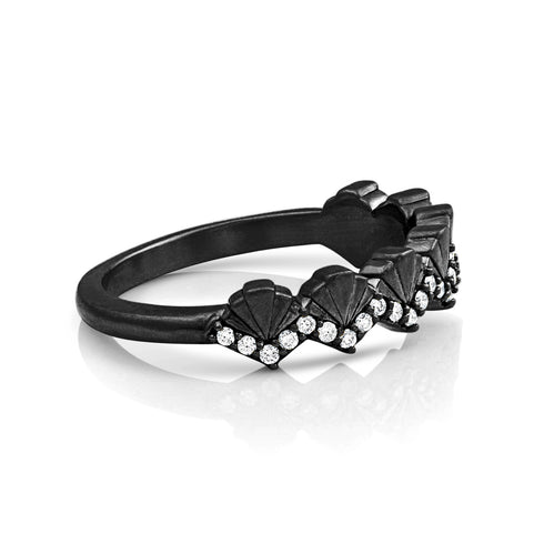 Art deco fan stacking ring with white diamonds, in black gold, side view <span class='visuallyhidden'>Call, text 323-404-2959 for shopping help.</span>