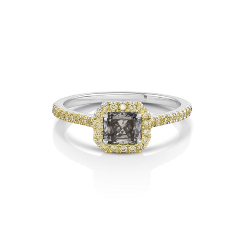 stunning gray diamond and yellow diamond ring<br>in modern east-west (horizontal) setting <span class='visuallyhidden'>Call or text 323-404-2959 if you need shopping assistance.</span>