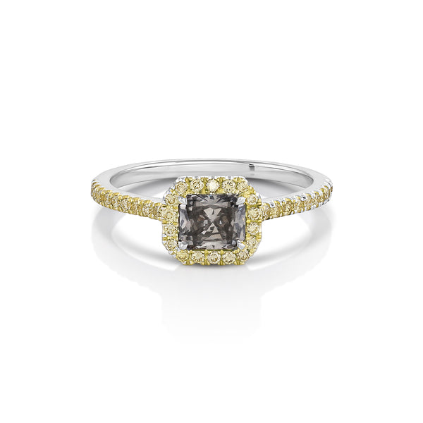stunning gray diamond and yellow diamond ring<br>in modern east-west (horizontal) setting <span class='visuallyhidden'>Call or text 323-404-2959 if you need shopping assistance.</span>