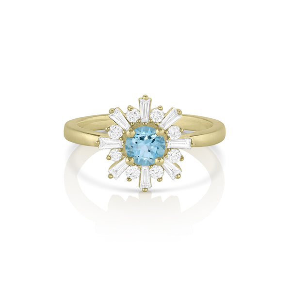 aquamarine and white diamond starburst ring, in yellow gold <span class='visuallyhidden'>Call, text 323-404-2959 for shopping help.</span>