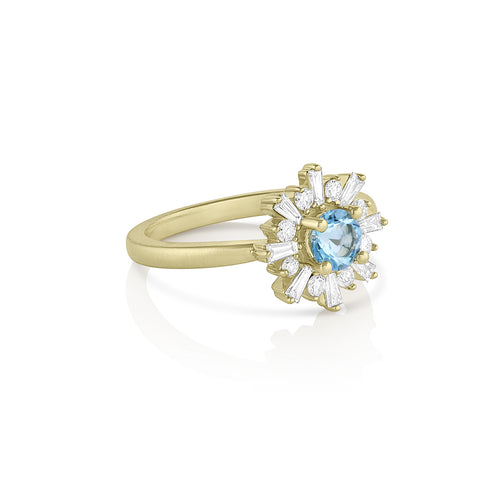 aquamarine and white diamond starburst ring, in yellow gold, side view <span class='visuallyhidden'>Call, text 323-404-2959 for shopping help.</span>