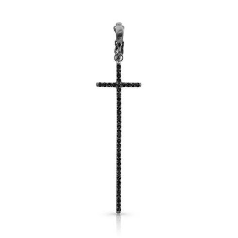 Dominique Cohen tall narrow diamond cross enhancer, hinged bail, in black diamonds and 18k black gold <span class='visuallyhidden'>Call, text 323-404-2959 for shopping help.</span>