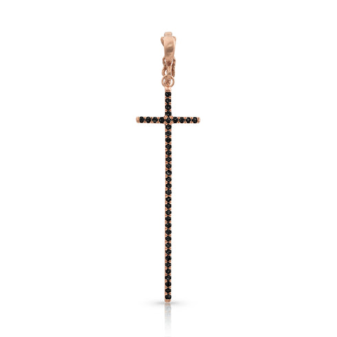 Dominique Cohen tall narrow diamond cross enhancer, hinged bail, in black diamonds and 18k rose gold <span class='visuallyhidden'>Call, text 323-404-2959 for shopping help.</span>