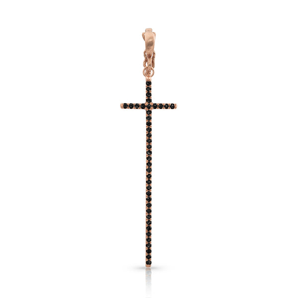 Dominique Cohen tall narrow diamond cross enhancer, hinged bail, in black diamonds and 18k rose gold <span class='visuallyhidden'>Call, text 323-404-2959 for shopping help.</span>