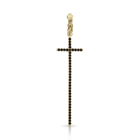 Dominique Cohen tall narrow diamond cross enhancer, hinged bail, in black diamonds and 18k yellow gold <span class='visuallyhidden'>Call, text 323-404-2959 for shopping help.</span>