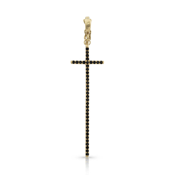 Dominique Cohen tall narrow diamond cross enhancer, hinged bail, in black diamonds and 18k yellow gold <span class='visuallyhidden'>Call, text 323-404-2959 for shopping help.</span>