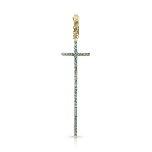 Dominique Cohen tall narrow diamond cross enhancer, hinged bail, in blue diamonds and 18k yellow gold <span class='visuallyhidden'>Call, text 323-404-2959 for shopping help.</span>