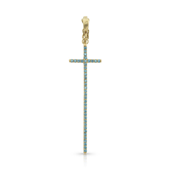 Dominique Cohen tall narrow diamond cross enhancer, hinged bail, in blue diamonds and 18k yellow gold <span class='visuallyhidden'>Call, text 323-404-2959 for shopping help.</span>
