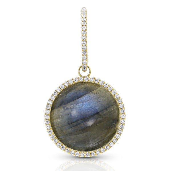 round cabochon enhancer with diamond surround and diamond-faced smooth-back bail, size large, in labradorite and 18k yellow gold <span class='visuallyhidden'>Call, text 323-404-2959 for shopping help.</span>