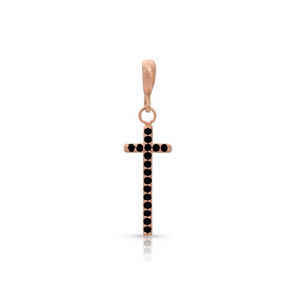 narrow medium cross enhancer on hinged bail, in black diamonds and rose gold <span class='visuallyhidden'>Call, text 323-404-2959 for shopping help.</span>