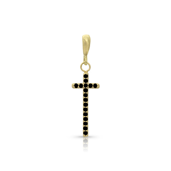narrow medium cross enhancer on hinged bail, in black diamonds and yellow gold <span class='visuallyhidden'>Call, text 323-404-2959 for shopping help.</span>