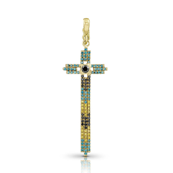 limited edition diamond pave cross in an ombre of blue diamonds, yellow diamonds, and black diamonds in yellow gold <span class='visuallyhidden'>Call, text 323-404-2959 for shopping help.</span>
