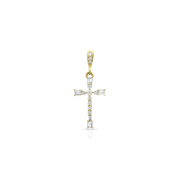 limited edition diamond baguettes cross enahncer, hinged bail, in yellow gold <span class='visuallyhidden'>Call, text 323-404-2959 for shopping help.</span>