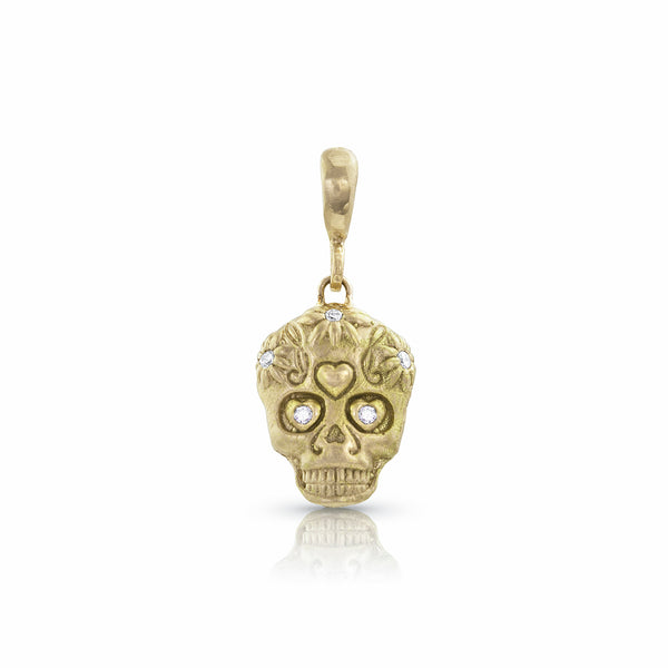 floral skull and white diamond enhancer on hinged bail, in yellow gold <span class='visuallyhidden'>Call, text 323-404-2959 for shopping help.</span>