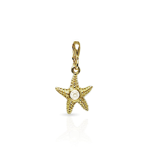 Dominique Cohen solid 18k yellow gold starfish charm with white topaz, on hinged bail <span class='visuallyhidden'>Call or text 323-404-2959 if you need shopping assistance.</span>