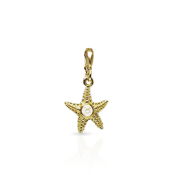 Dominique Cohen solid 18k yellow gold starfish charm with white topaz, on hinged bail <span class='visuallyhidden'>Call or text 323-404-2959 if you need shopping assistance.</span>
