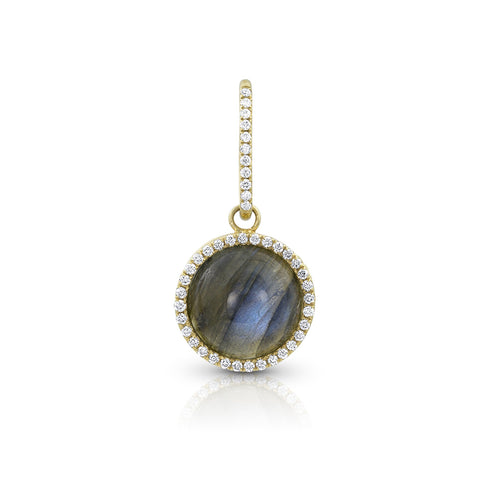 round cabochon enhancer with diamond surround and diamond-faced smooth-back bail, size small, in labradorite and 18k yellow gold <span class='visuallyhidden'>Call, text 323-404-2959 for shopping help.</span>