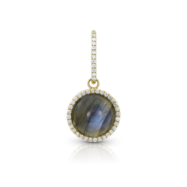 round cabochon enhancer with diamond surround and diamond-faced smooth-back bail, size small, in labradorite and 18k yellow gold <span class='visuallyhidden'>Call, text 323-404-2959 for shopping help.</span>