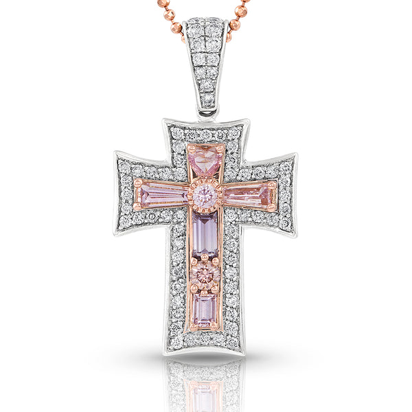 rare jewelry pink diamond cross with white diamond accents and white diamond bail, in platinum <span class='visuallyhidden'>Call, text 323-404-2959 for shopping help.</span>