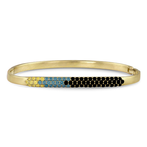 diamond pave fitted bangle in ombre pattern of yellow diamonds, blue diamonds, black diamonds in yellow gold <span class='visuallyhidden'>Call, text 323-404-2959 for shopping help.</span>