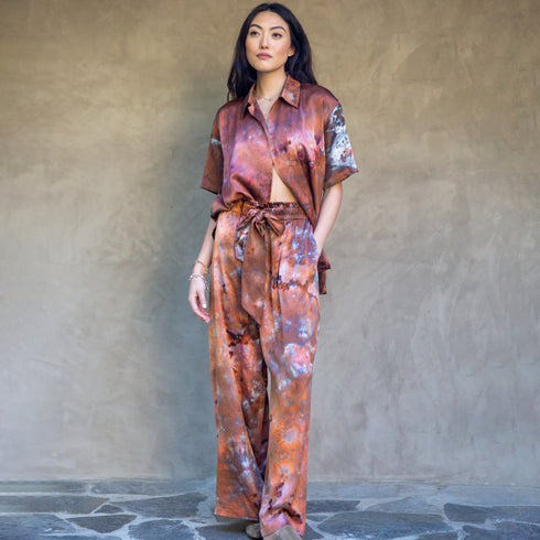 our Brazil nut, bubblegum silk as bowling shirt + PJ boxing pant <span class='visuallyhidden'>Call or text 323-404-2959 for shopping assistance.</span>