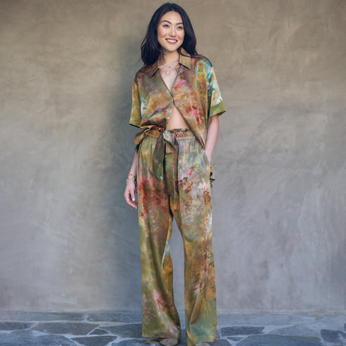 rose gold sis, with our silk bowling shirt, and boxing pant<br>in 2x-dyed moss and robin’s egg <span class='visuallyhidden'>Call or text 323-404-2959 if you need shopping assistance.</span>