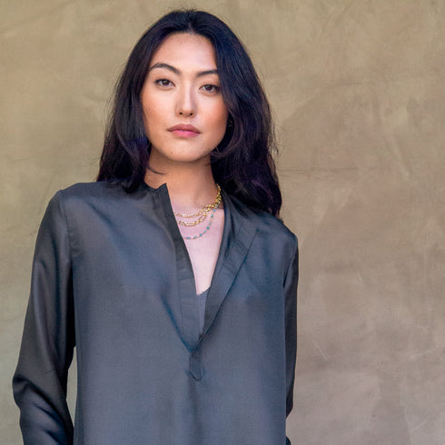 with grande sis, each clasped short,<br>our apatite necklace, and some of our silk apparel in slate <span class='visuallyhidden'>Call or text 323-404-2959 if you need shopping assistance.</span>