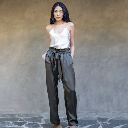 with our silk cami, in creme,<br>silk boxing pant, in slate,<br>diamond trios necklace, and paperclip chain, keshi pearl, and diamond tennis bracelets <span class='visuallyhidden'>Call or text 323-404-2959 if you need shopping assistance.</span>