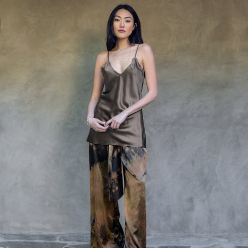 silk camisole with whisper fringe neckline,<br>over silk PJ boxing pants, in double-dye black, sage <span class='visuallyhidden'>Call or text 323-404-2959 if you need shopping assistance.</span>