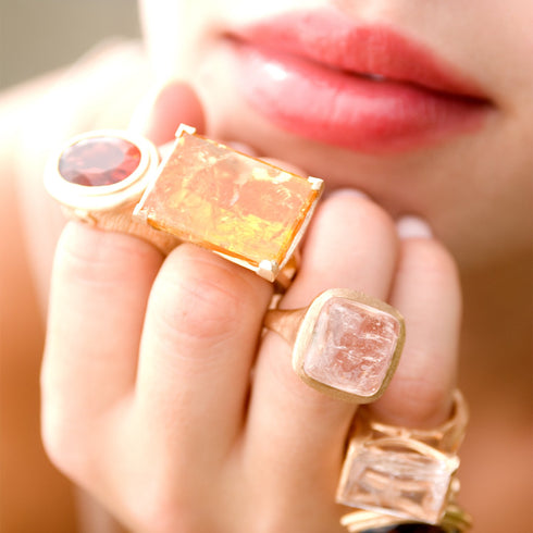 left to right, citrine 35ct tranquility ring,<br>morganite 15ct cocktail ring,<br> morganite 12ct tranquility ring <span class='visuallyhidden'>Call, text 323-404-2959 for shopping help.</span>