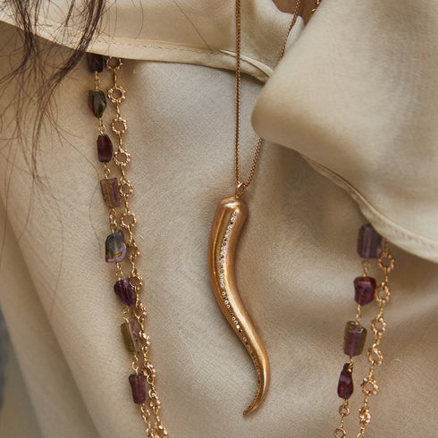with our mixed tourmaline + buddha link long chains<span class='visuallyhidden'>; shop help at 760-978-9297.</span>