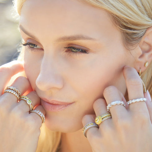 in yellow diamonds<br>(model's right ring finger stack)<br>shop the look > teal appeal <span class='visuallyhidden'>Call, text 323-404-2959 for shopping help.</span>