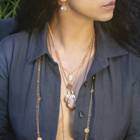 swap for our larger, 22mm confetti shield pendant necklace in<br>shop the look > light show <span class='visuallyhidden'>Call, text 323-404-2959 for shopping help.</span>