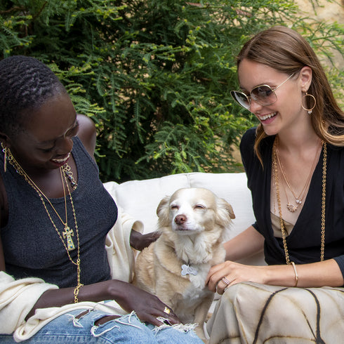 fastened lariat-style in yellow gold,<br>full length in rose gold<br>shop the look > girl time <span class='visuallyhidden'>Call, text 323-404-2959 for shopping help.</span>