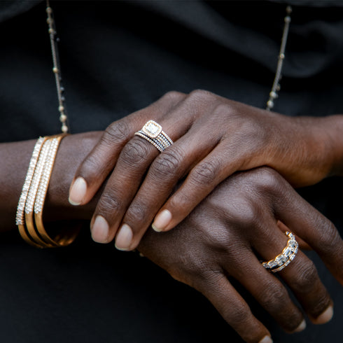 bookended by a gold-tone rainbow<br>of our delicate stack rings<br>shop the look > kindred spirits <span class='visuallyhidden'>Call or text 323-404-2959 if you need shopping assistance.</span>
