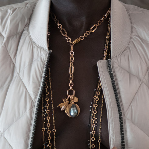 diamond-kissed timepiece chain cousin, in rose gold,<br>clasped lariat-style, with enhancers<br>shop the look > retro rhythms <span class='visuallyhidden'>Call or text 323-404-2959 if you need shopping assistance.</span>