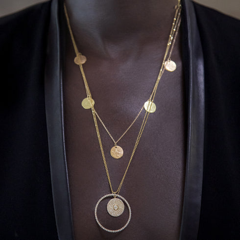 a versatile necklace for stacking,<br>here in alternating coin hues<br>layered with our Carrie and large halo necklaces<br>in white diamonds and yellow gold<br>shop the look > the mackenzie <span class='visuallyhidden'>Call or text 323-404-2959 if you need shopping assistance.</span>