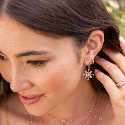 one of a kind pink and white diamond snowflake earring, in rose gold, as an alternate earring for<br>shop the look > pink moscato <span class='visuallyhidden'>Call, text 323-404-2959 for shopping help.</span>