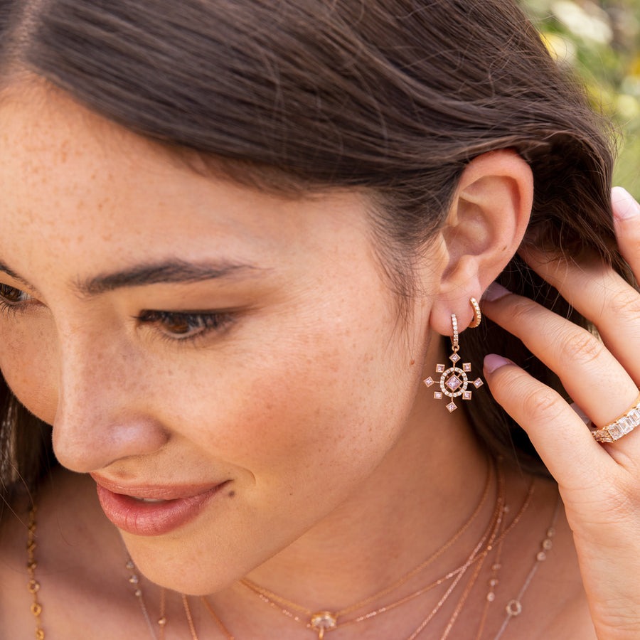 one of a kind pink and white diamond snowflake earring, in rose gold, as an alternate earring for<br>shop the look > pink moscato <span class='visuallyhidden'>Call, text 323-404-2959 for shopping help.</span>