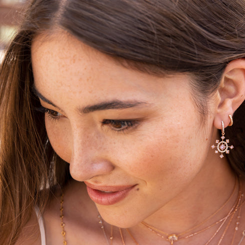 sister snowflake pink diamond, white diamond earring,<br>similarly on a diamond-lined huggie hoop <span class='visuallyhidden'>Call or text 323-404-2959 if you need shopping assistance.</span>