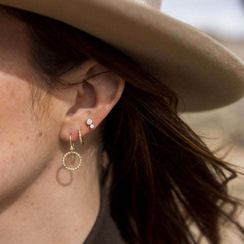 yellow gold sis<br>with our diamond huggie hoop + double diamond stud earrings <span class='visuallyhidden'>Call or text 323-404-2959 if you need shopping assistance.</span>