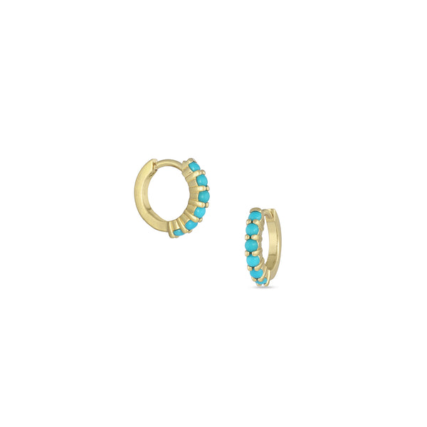 sleeping beauty turquoise hinged huggie hoop earring, in 18k yellow gold <span class='visuallyhidden'>Call, text 323-404-2959 for shopping help.</span>