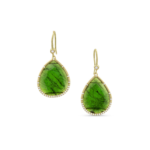 limited edition green tourmaline slice and white diamonds teardrop earrings <span class='visuallyhidden'>Call, text 323-404-2959 for shopping help.</span>