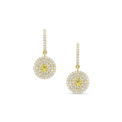 yellow diamond, white diamond<br>triple halo mosaic earring, head-on view <span class='visuallyhidden'>Call or text 323-404-2959 if you need shopping assistance.</span>