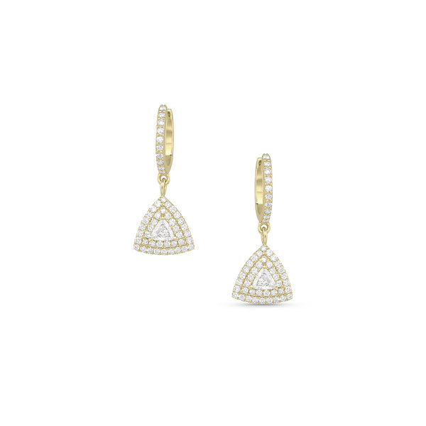 diamond trillion cut double halo earrings with hinged hoop closure <span class='visuallyhidden'>Call, text 323-404-2959 for shopping help.</span>