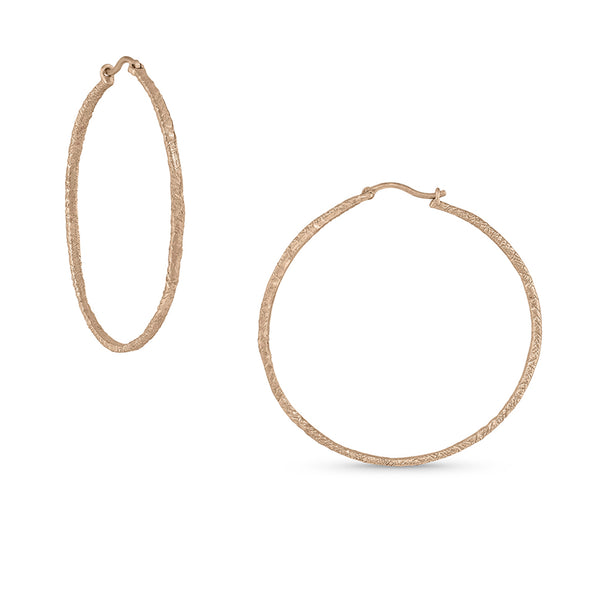 two inch 18k gold textured hoops,<br>in rose gold <span class='visuallyhidden'>Phone or text 323-404-2959 for shopping assistance</span>
