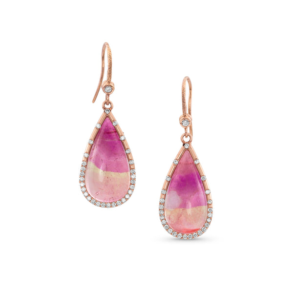 one of a kind pink tourmaline slice and white diamonds teardrop earrings <span class='visuallyhidden'>Call, text 323-404-2959 for shopping help.</span>